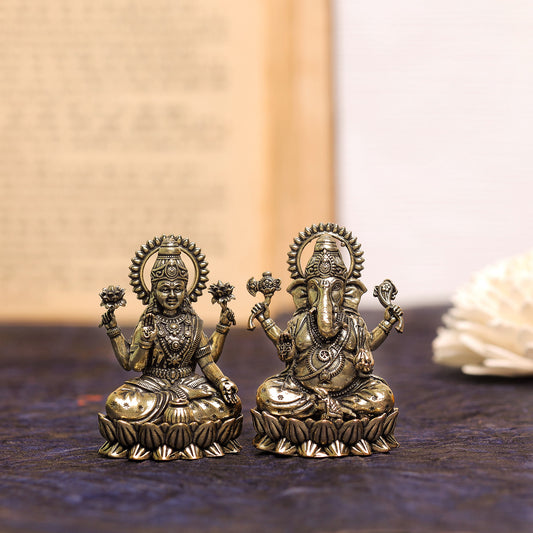 Intricately Crafted Brass Laxmi Ganesh Idol Pair | 3 Inches