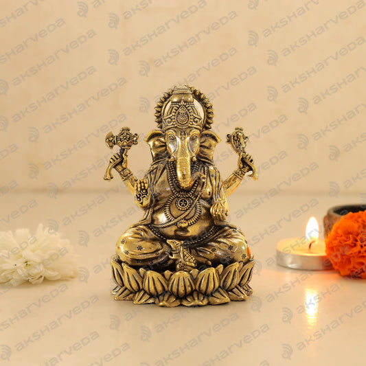 Inctricate Brass Ganesh Murti in Blessing Mudra | 4 Inches