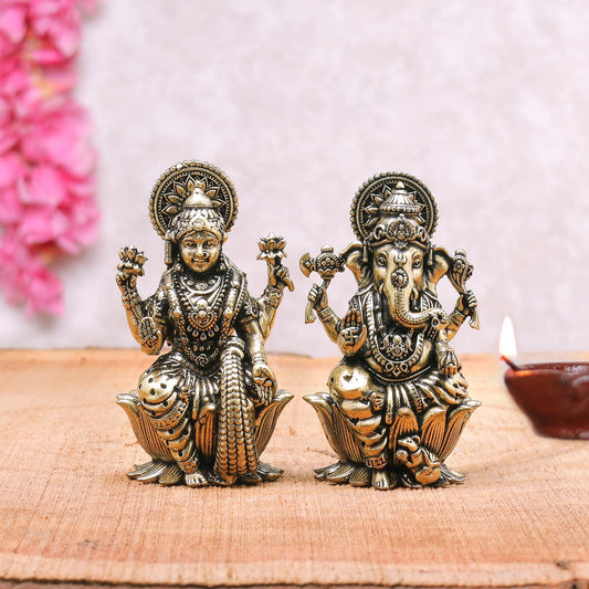 Intricate Brass Laxmi Ganesh Idol Pair | 2.5 Inches