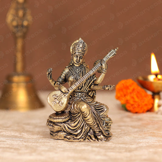Intricately Crafted Brass Sarasvati Ji Murti | 3 Inches